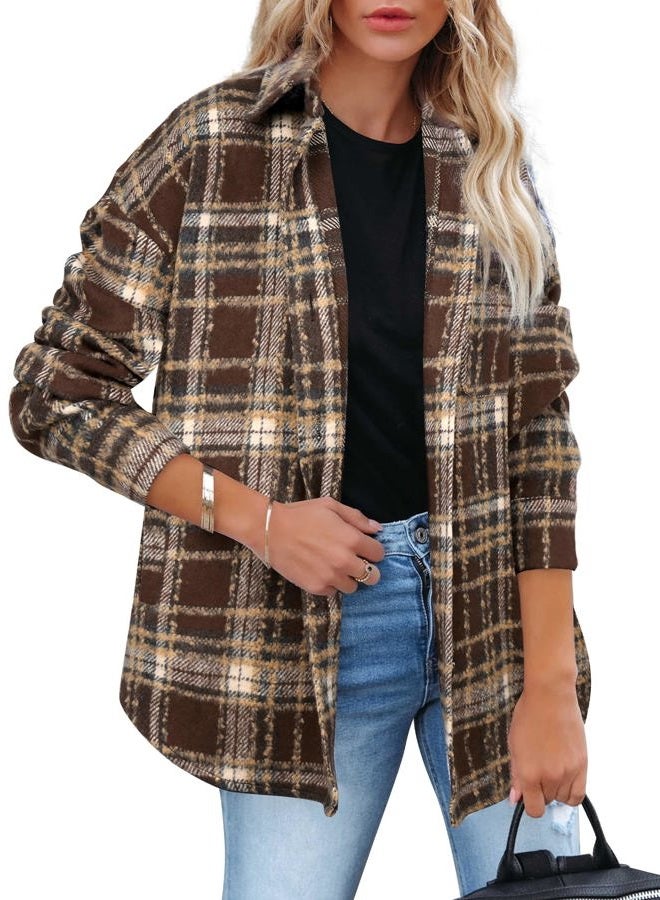 Beaully Women's 2025 Fall Clothes Plaid Shacket Jacket Long Sleeve Button Down Flannel Shirts Fashion Jacket, Coffee, XL - Image 2