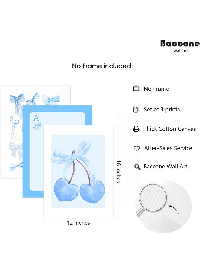 Baccone Blue Bow Wall Art Preppy Coquette Wall Decor Art Aesthetic Canvas Pictures Trendy Girly Wall Art Cherry Posters Blue Bow Prints for Bedroom living Room 12x16 Inch Unframed Set of 3 - Image 2