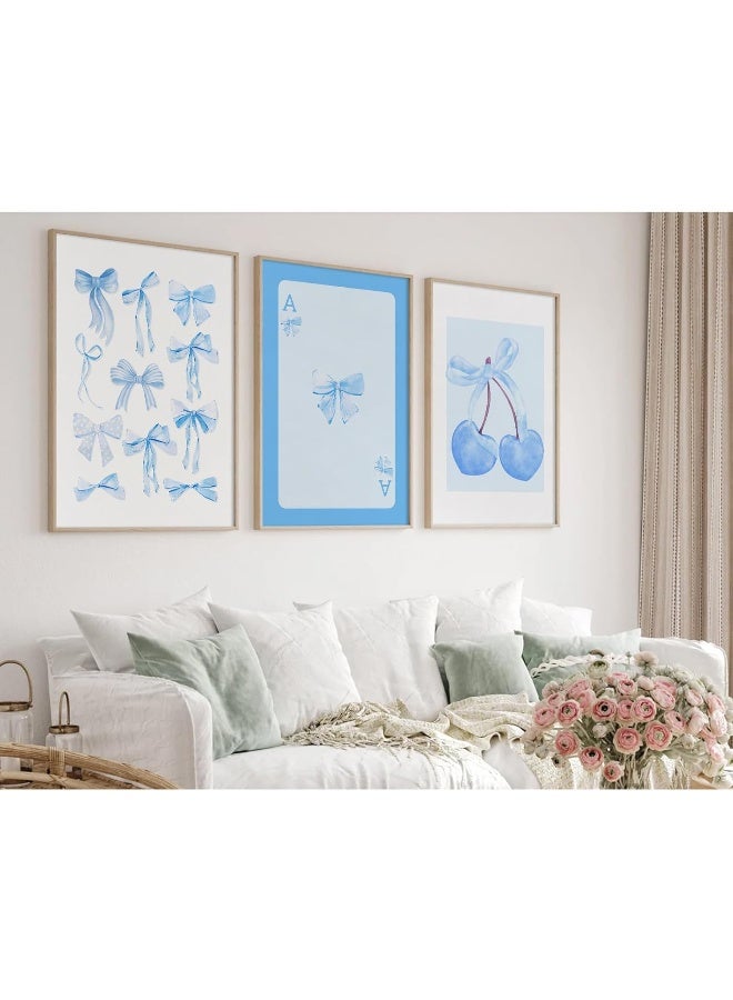 Baccone Blue Bow Wall Art Preppy Coquette Wall Decor Art Aesthetic Canvas Pictures Trendy Girly Wall Art Cherry Posters Blue Bow Prints for Bedroom living Room 12x16 Inch Unframed Set of 3 - Image 1