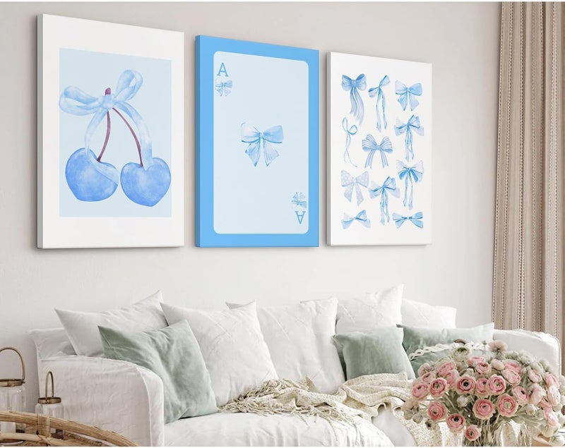 Baccone Blue Bow Wall Art Preppy Coquette Wall Decor Art Aesthetic Canvas Pictures Trendy Girly Wall Art Cherry Posters Blue Bow Prints for Bedroom living Room 12x16 Inch Unframed Set of 3 - Image 3
