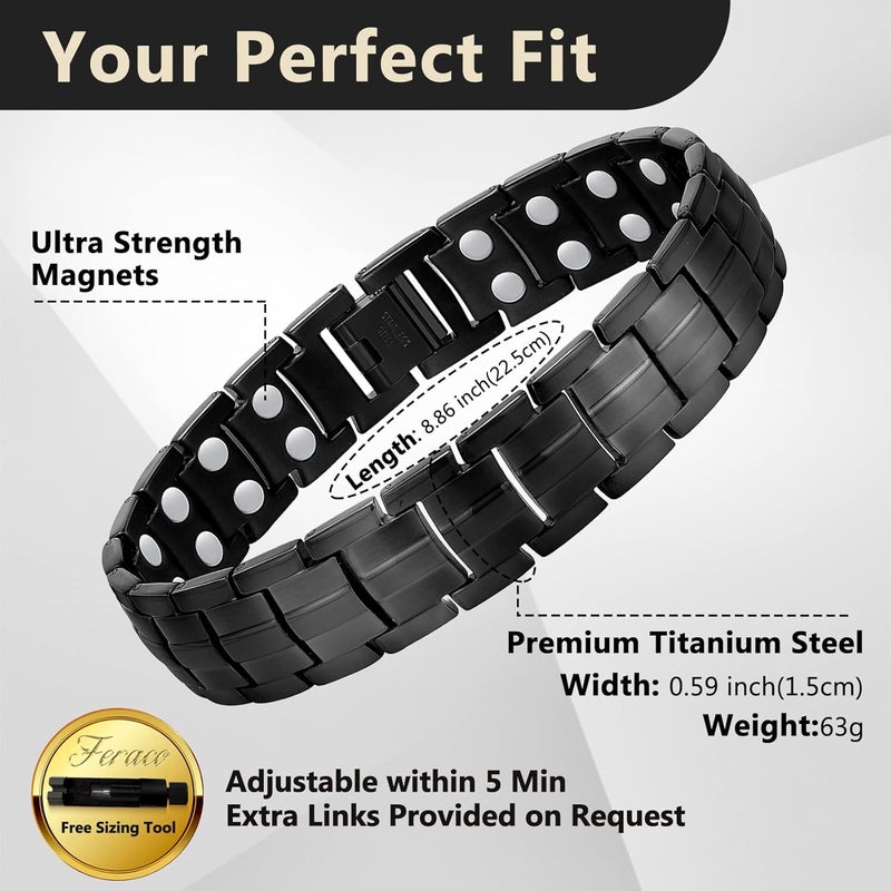 Feraco Magnetic Bracelet for Men Titanium Steel Magnetic Bracelet for Men with Double Row Magnets Adjustable (Black) - Image 2
