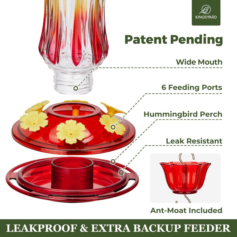 Kingsyard Glass Hummingbird Feeders for Outdoors Hanging, 25 oz Leak Proof Hummingbird Feeder with Ant Moat & 6 Bee Proof Feeding Ports, Red - Image 4