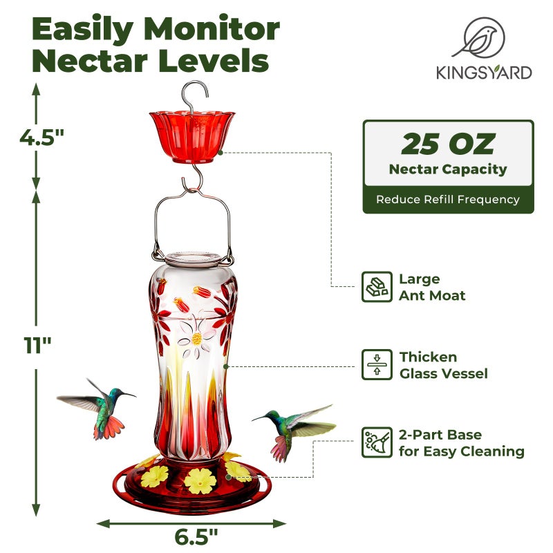 Kingsyard Glass Hummingbird Feeders for Outdoors Hanging, 25 oz Leak Proof Hummingbird Feeder with Ant Moat & 6 Bee Proof Feeding Ports, Red - Image 2