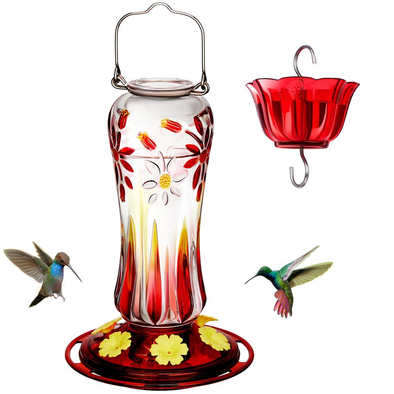 Kingsyard Glass Hummingbird Feeders for Outdoors Hanging, 25 oz Leak Proof Hummingbird Feeder with Ant Moat & 6 Bee Proof Feeding Ports, Red - Image 1