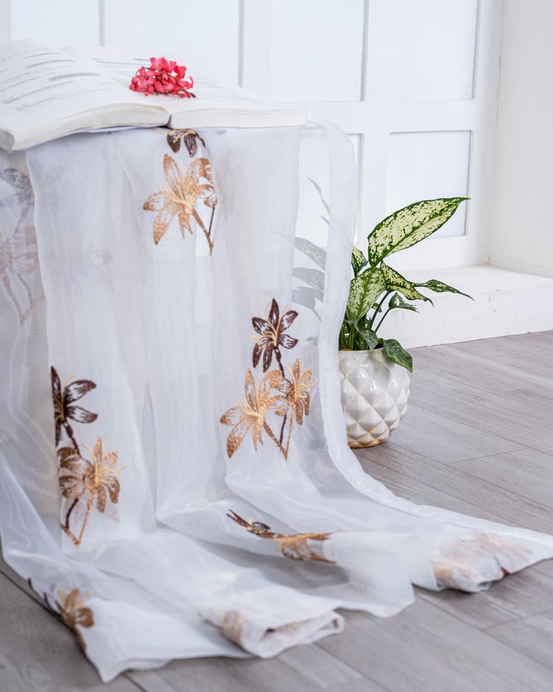 Parda Online 5Ft Brown Sheer Tissue with Embroidery Flower Design Eyelet Window Curtain - Pack of 2 - Image 5