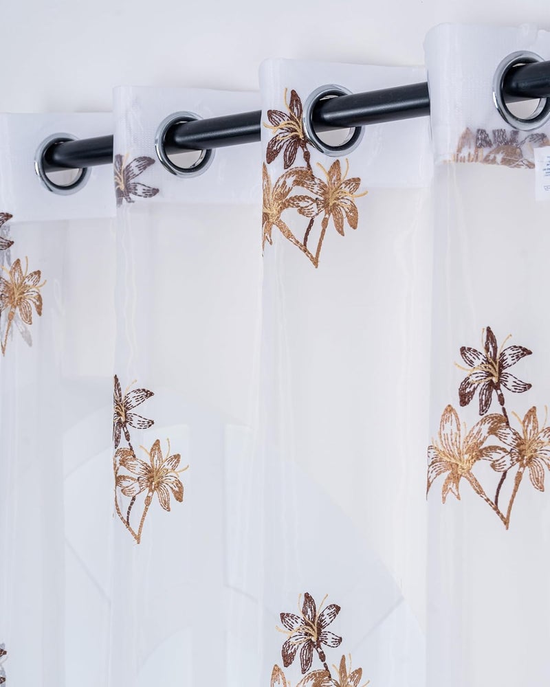 Parda Online 5Ft Brown Sheer Tissue with Embroidery Flower Design Eyelet Window Curtain - Pack of 2 - Image 1