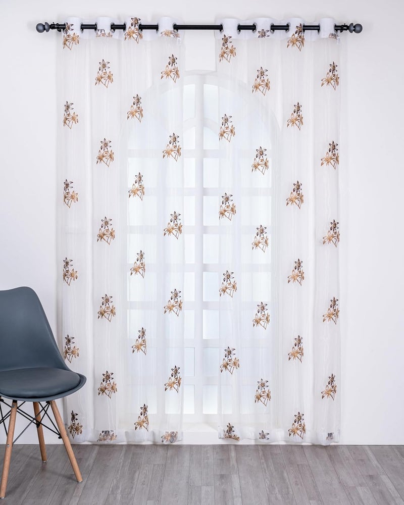 Parda Online 5Ft Brown Sheer Tissue with Embroidery Flower Design Eyelet Window Curtain - Pack of 2 - Image 2