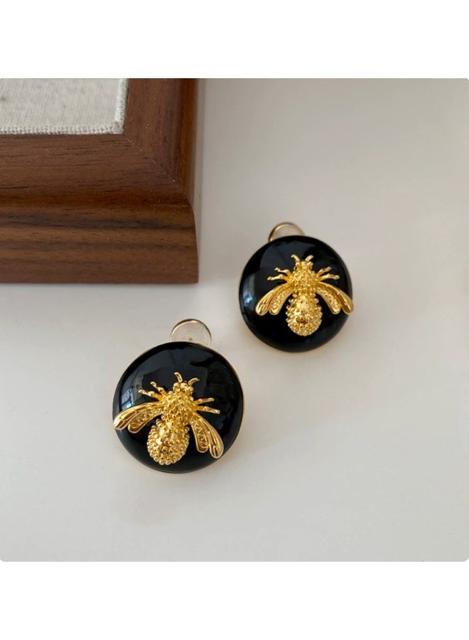 Black Gold Bee Enamel Round Stud Earrings - Image 1