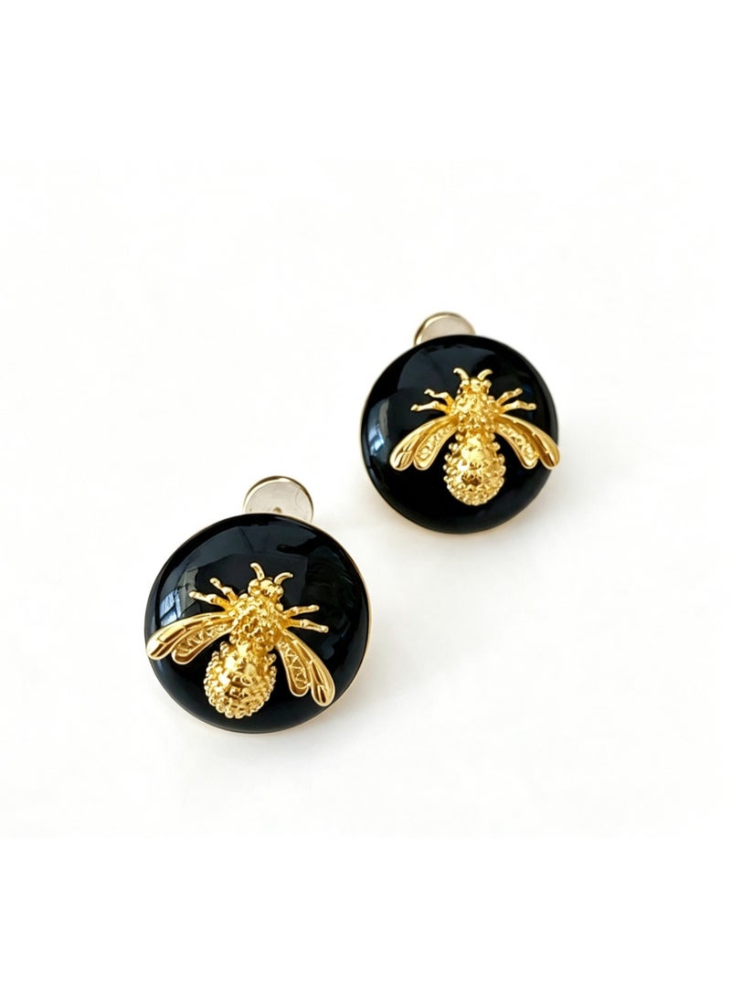 Black Gold Bee Enamel Round Stud Earrings - Image 2
