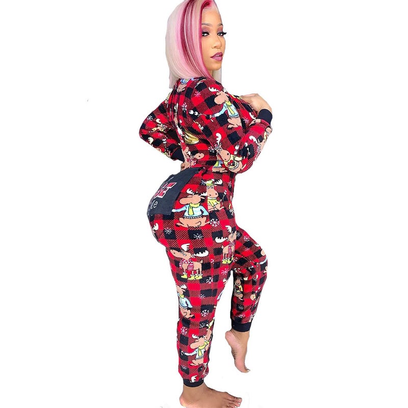 Christmas 2022 Export Autumn and Winter European and American Clothing Stripesd Fun Pattern Contrasting Printed Zipper Home Jumpsuit Light blue - Image 2