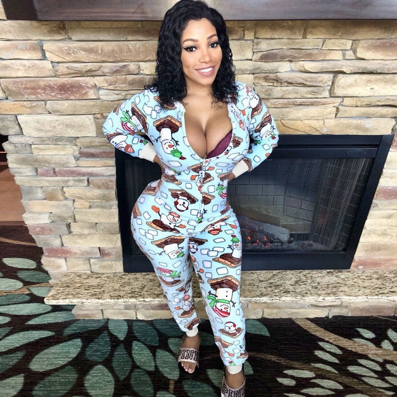 Christmas 2022 Export Autumn and Winter European and American Clothing Stripesd Fun Pattern Contrasting Printed Zipper Home Jumpsuit Light blue - Image 1
