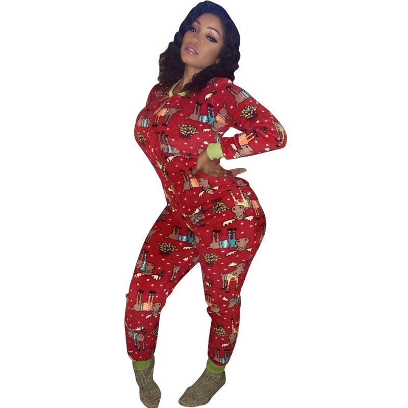 Christmas 2022 Export Autumn and Winter European and American Clothing Stripesd Fun Pattern Contrasting Printed Zipper Home Jumpsuit Light blue - Image 5