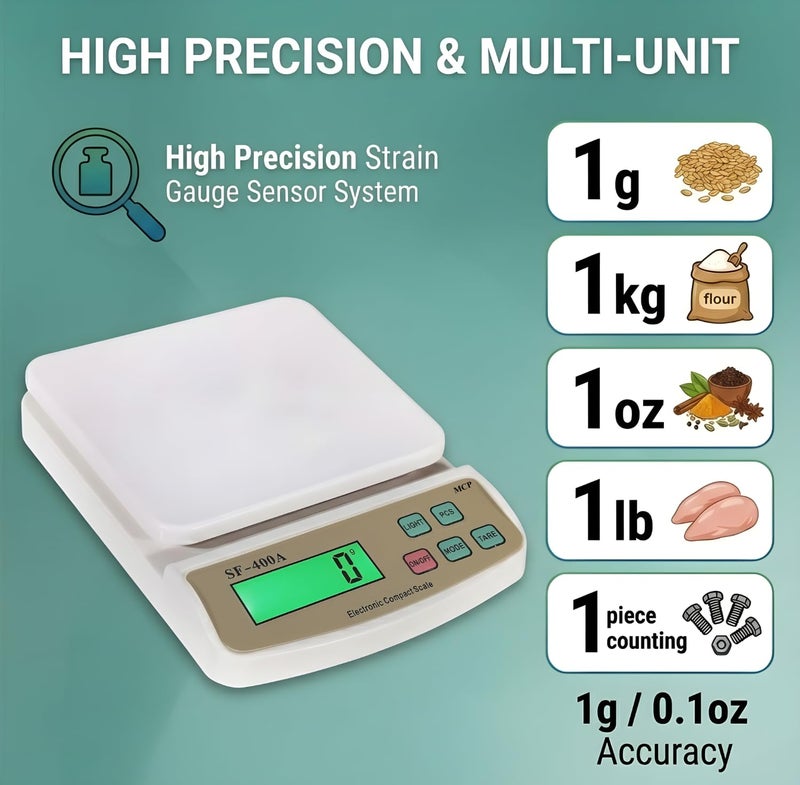 MCP Kitchen Weighing Scale With Tare Function SF 400A with Adaptor 10 kg Digital Multi-Purpose food weight machine for shop home use baking small portable countertop plastic ABS body - Image 3