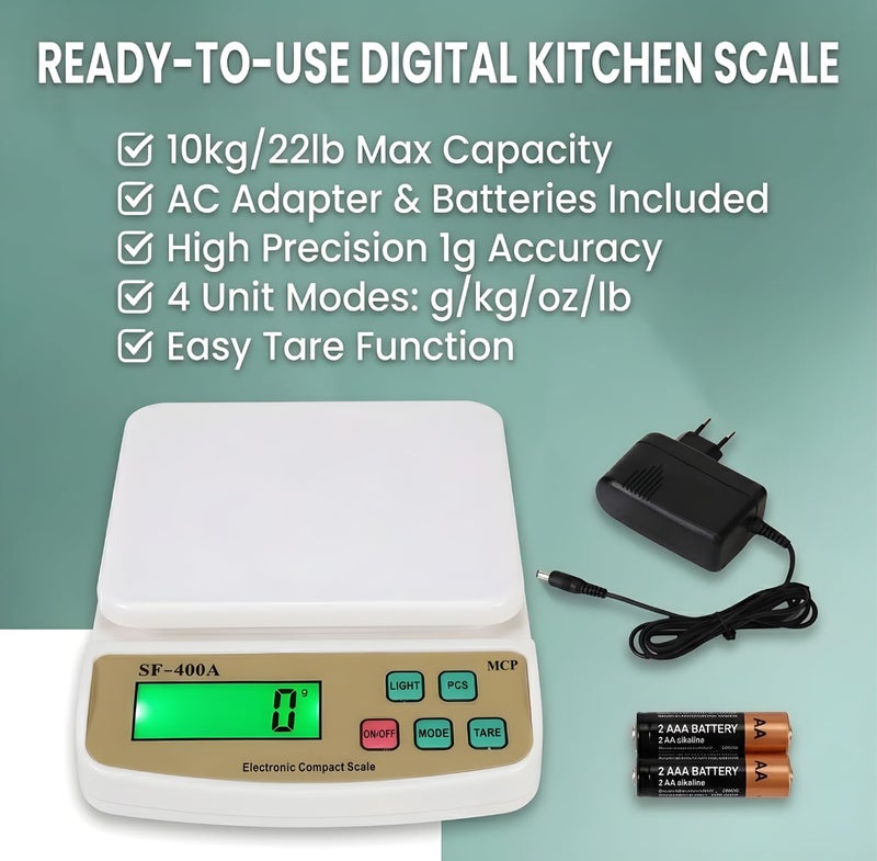 MCP Kitchen Weighing Scale With Tare Function SF 400A with Adaptor 10 kg Digital Multi-Purpose food weight machine for shop home use baking small portable countertop plastic ABS body - Image 5