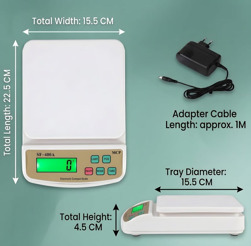 MCP Kitchen Weighing Scale With Tare Function SF 400A with Adaptor 10 kg Digital Multi-Purpose food weight machine for shop home use baking small portable countertop plastic ABS body - Image 2