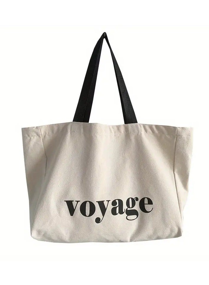 A large-capacity women's canvas tote bag suitable for various occasions such as school, travel, and shopping, with a shoulder strap, in beige color.  - Image 2