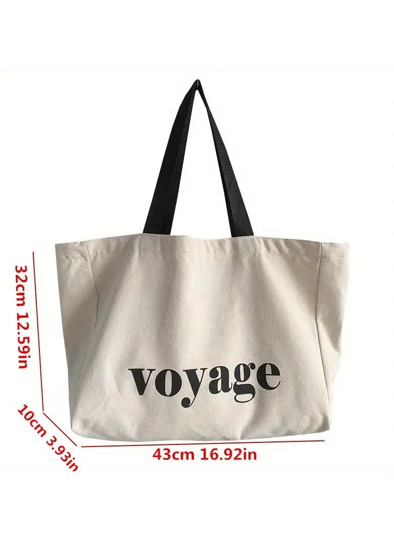 A large-capacity women's canvas tote bag suitable for various occasions such as school, travel, and shopping, with a shoulder strap, in beige color.  - Image 5