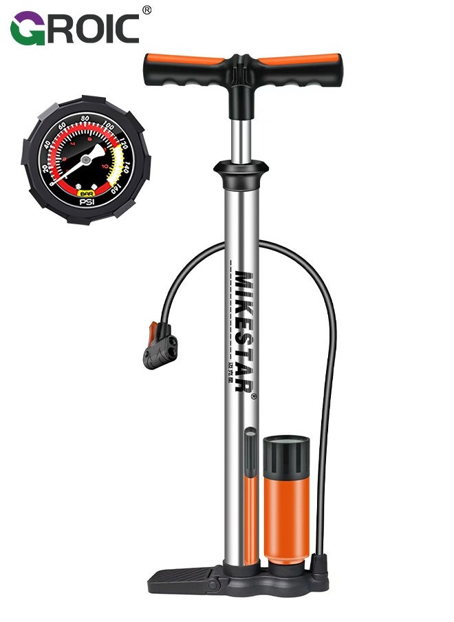 GROIC - Bike Pump with Pressure Gauge, Bicycle Air Pump for All Valves, 11 Bar/160 Psi Bike Floor Pump, Bike Tire Pump for e-Bikes, Mountain Bikes, Ball, Bicycle Pump for Presta and Schrader Valve - Image 1