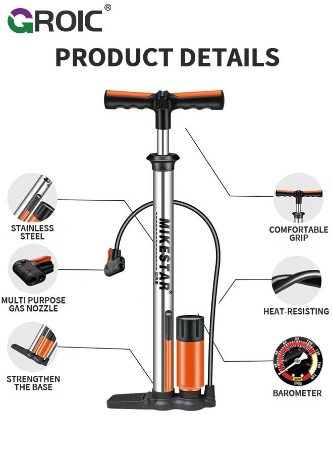 GROIC - Bike Pump with Pressure Gauge, Bicycle Air Pump for All Valves, 11 Bar/160 Psi Bike Floor Pump, Bike Tire Pump for e-Bikes, Mountain Bikes, Ball, Bicycle Pump for Presta and Schrader Valve - Image 1
