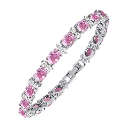 KEZEF Tennis Bracelets For Women - Cubic Zirconia - Oval 7x5mm Pink Gemstones - Round 2.50mm White CZ - Silver Plated Brass - 7 Inch - Hypoallergenic Bracelets - Image 1