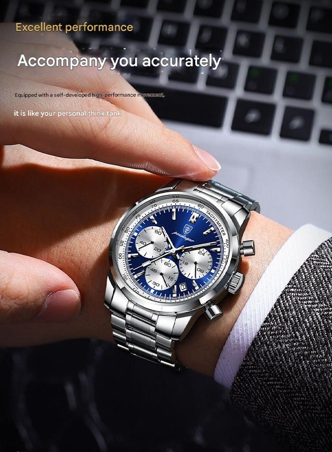 POEDAGAR ​​POEDAGAR Men's Silver-Tone Blue Dial Multifunction Watch - Stainless Steel Case with Navy Blue Dial, Durable Metal Bracelet, 30m Water Resistance, Business Sport Style for Daily & Professional Use​​  - Image 4