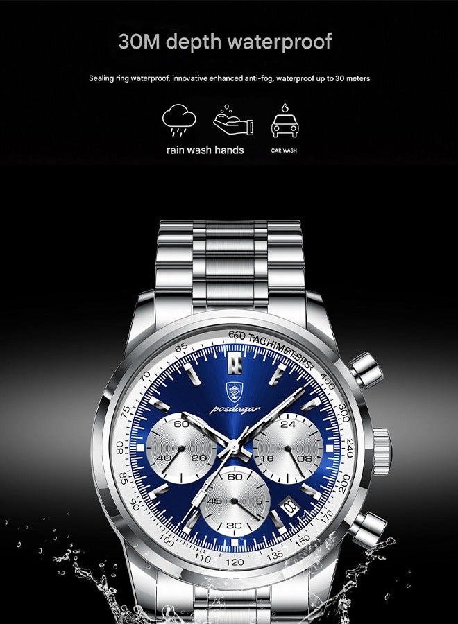 POEDAGAR ​​POEDAGAR Men's Silver-Tone Blue Dial Multifunction Watch - Stainless Steel Case with Navy Blue Dial, Durable Metal Bracelet, 30m Water Resistance, Business Sport Style for Daily & Professional Use​​  - Image 5