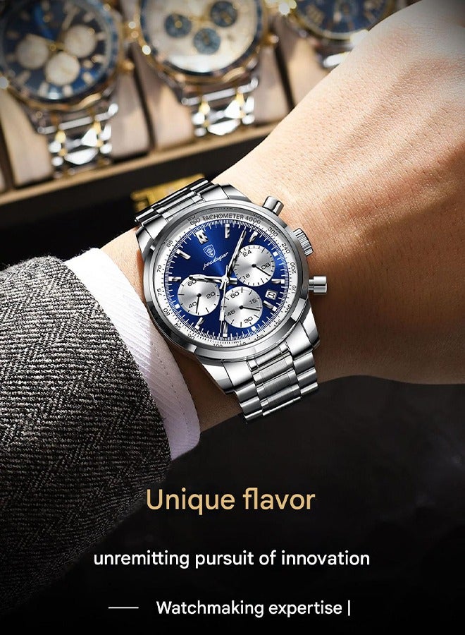 POEDAGAR ​​POEDAGAR Men's Silver-Tone Blue Dial Multifunction Watch - Stainless Steel Case with Navy Blue Dial, Durable Metal Bracelet, 30m Water Resistance, Business Sport Style for Daily & Professional Use​​  - Image 2