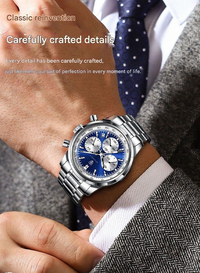 POEDAGAR ​​POEDAGAR Men's Silver-Tone Blue Dial Multifunction Watch - Stainless Steel Case with Navy Blue Dial, Durable Metal Bracelet, 30m Water Resistance, Business Sport Style for Daily & Professional Use​​  - Image 3
