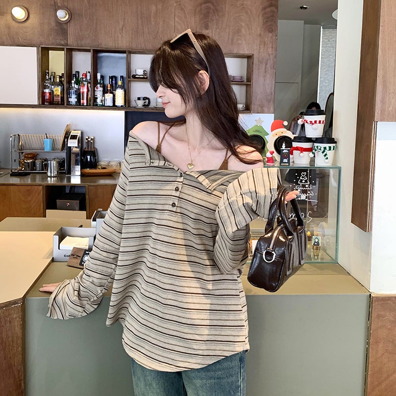 Single American Spice Girl Off-Shoulder Loose Striped Long-Sleeved T-Shirt Women'S 2025 New Base Shirt - Image 5