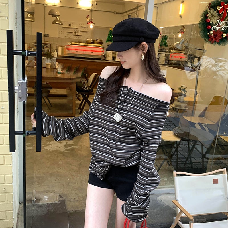 Single American Spice Girl Off-Shoulder Loose Striped Long-Sleeved T-Shirt Women'S 2025 New Base Shirt - Image 3