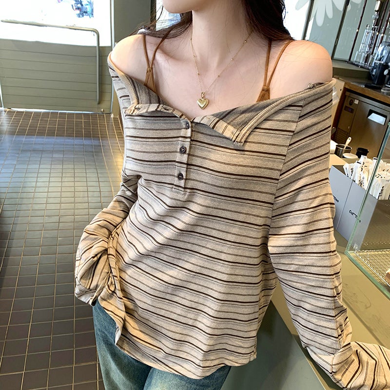 Single American Spice Girl Off-Shoulder Loose Striped Long-Sleeved T-Shirt Women'S 2025 New Base Shirt - Image 2