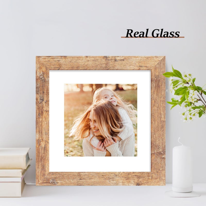 iRahmen إطارات صور Irahmen 8x8 مع مجموعة من 4 مع زجاج ريفي ريفي بني إطارات مربعة عرض 6x6 صورة مع حصيرة أو 8x8 بدون حصيرة 8 × 8 إطار صور لجدار وجدار شاشة الطاولة - Image 2