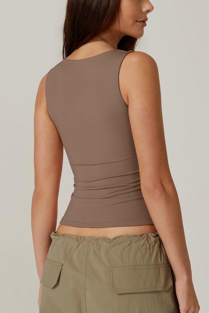 QINSEN Women's Square Neck Sleeveless Double-Layer Tank Tops Basic Tight T Shirts Cacao Nibs L - Image 4