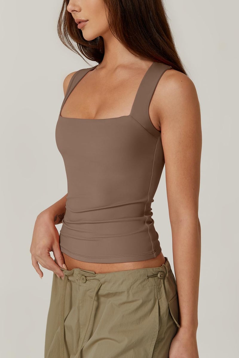 QINSEN Women's Square Neck Sleeveless Double-Layer Tank Tops Basic Tight T Shirts Cacao Nibs L - Image 2
