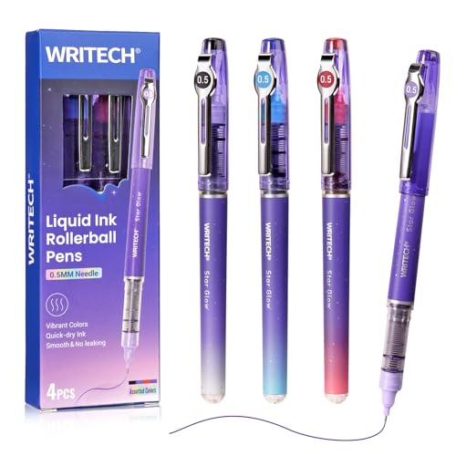 WRITECH Liquid Ink Rollerball Pens: 0.5mm Assorted Color Ink Fine Point Tip Rolling Roller Ball Pen Multicolor No Bleed & Smudge for Journaling Smooth Writing Drawing 4ct - Image 1