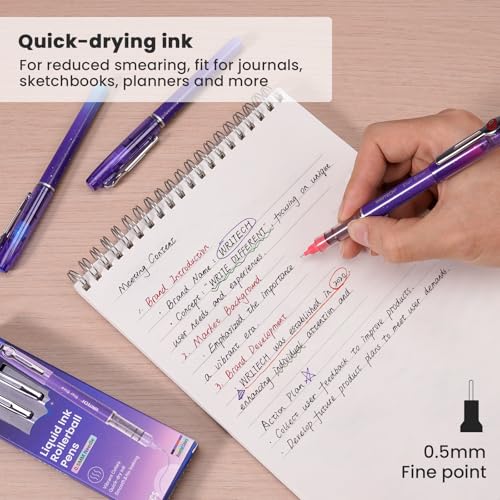 WRITECH Liquid Ink Rollerball Pens: 0.5mm Assorted Color Ink Fine Point Tip Rolling Roller Ball Pen Multicolor No Bleed & Smudge for Journaling Smooth Writing Drawing 4ct - Image 4