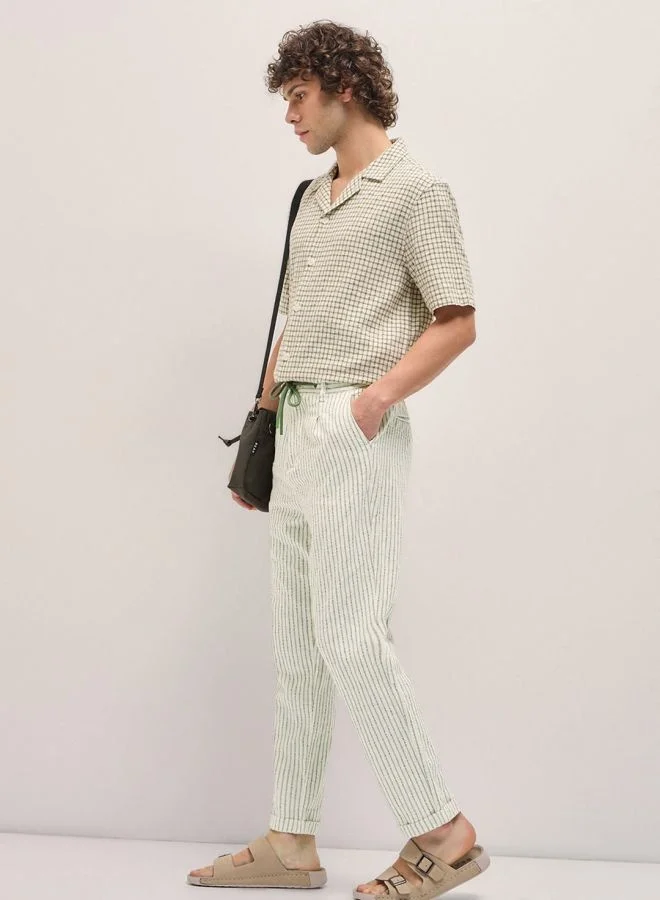 The Bear House  Men's Beige Stripes Tapered Fit Elasticated Waist Casual Trouser Versatile Office and Travel Pants Comfortable Fit for Everyday Use Easy to Style Bottomwear for Work Weekend and Outings for Men | Best Price UAE