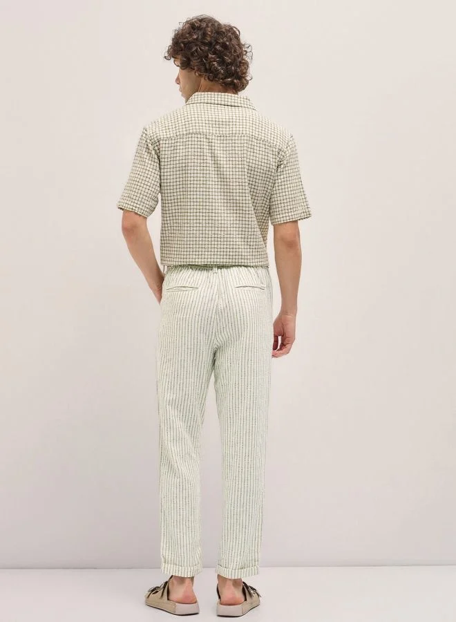 The Bear House  Men's Beige Stripes Tapered Fit Elasticated Waist Casual Trouser Versatile Office and Travel Pants Comfortable Fit for Everyday Use Easy to Style Bottomwear for Work Weekend and Outings for Men | Best Price UAE