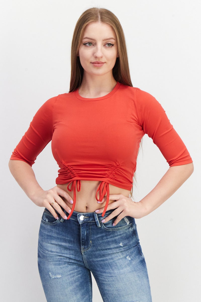 NA-KD Women Crew Neck Elbow Sleeve Plain Top, Red - Image 1