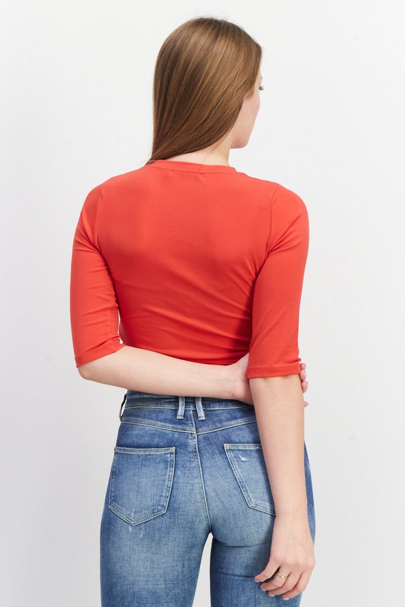 NA-KD Women Crew Neck Elbow Sleeve Plain Top, Red - Image 3