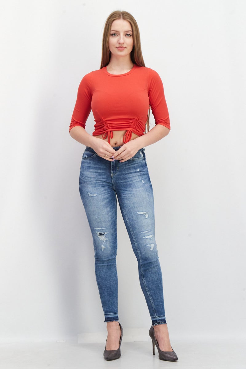 NA-KD Women Crew Neck Elbow Sleeve Plain Top, Red - Image 4