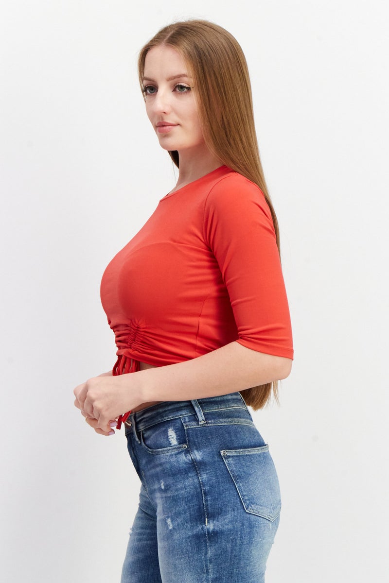 NA-KD Women Crew Neck Elbow Sleeve Plain Top, Red - Image 2