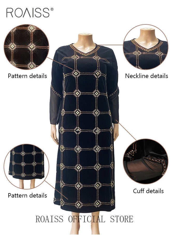 Women's Long Bell Sleeve Dresses Women's Rhinestone Plaid Long Dress