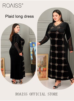 roaiss Women's Long Bell Sleeve Dresses Women's Rhinestone Plaid Long Dress  - Image 2