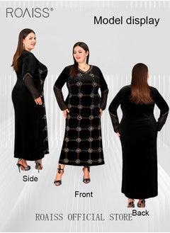 roaiss Women's Long Bell Sleeve Dresses Women's Rhinestone Plaid Long Dress  - Image 4