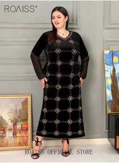 roaiss Women's Long Bell Sleeve Dresses Women's Rhinestone Plaid Long Dress  - Image 1