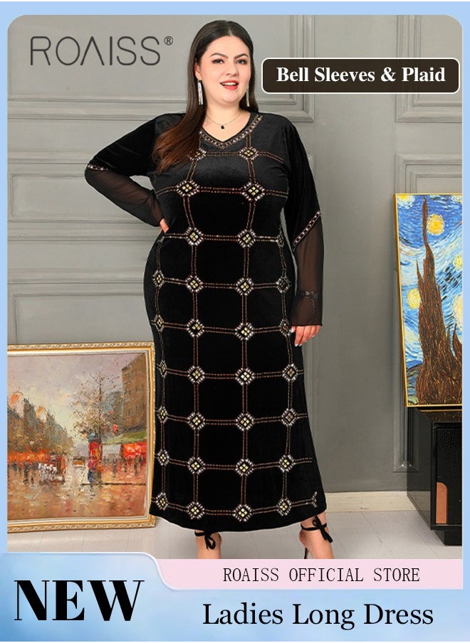Women's Long Bell Sleeve Dresses Women's Rhinestone Plaid Long Dress