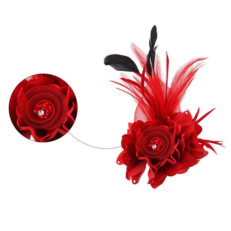 ACTLATI Charming Mesh Feather Hair Clip Women Girls Hairpin Cocktail Party Flower Barrette Fascinator Hat, Red, One Size - Image 3