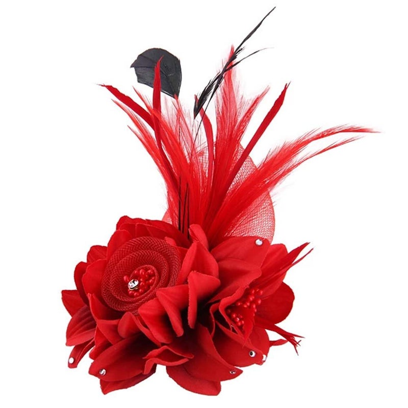 ACTLATI Charming Mesh Feather Hair Clip Women Girls Hairpin Cocktail Party Flower Barrette Fascinator Hat, Red, One Size - Image 5