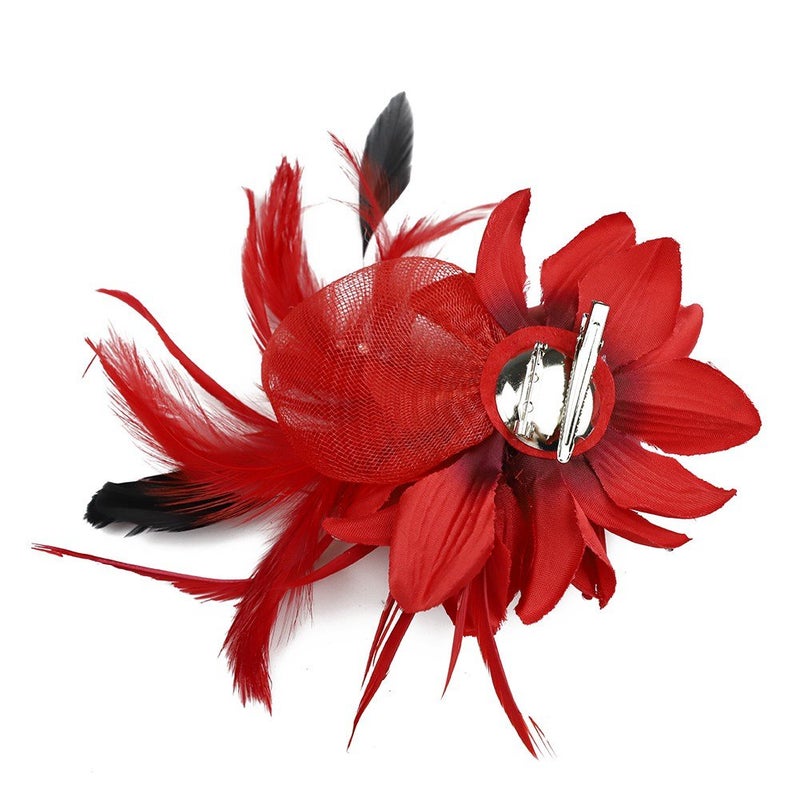ACTLATI Charming Mesh Feather Hair Clip Women Girls Hairpin Cocktail Party Flower Barrette Fascinator Hat, Red, One Size - Image 4